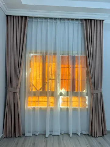 Beige Floor-to-Ceiling Curtains with Sheer Voile - Set of Panels