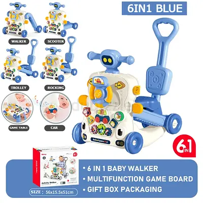 6-in-1 Multifunction Baby Walker  Activity Playboard (Blue)