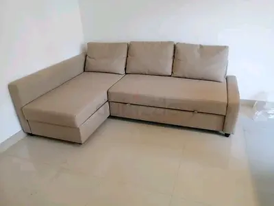 Beige L-shaped Sofa with Storage and Pull-out Bed