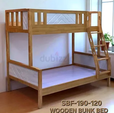 Solid Wood Bunk Bed (Double Lower, Single Upper) - Natural Finish