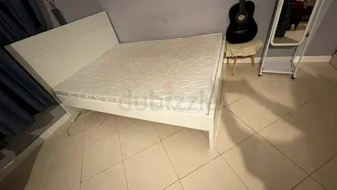 White Wooden Double Bed with Mattress - Note: The bed is made of very strong solid wood and is in gr