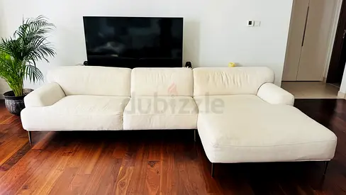 Modern Cream L-Shaped Fabric Sofa - Good Condition