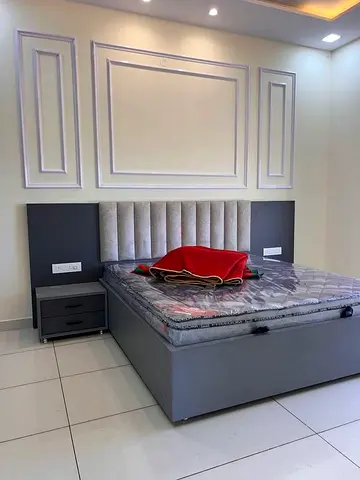Brand New upholstered storage bed with mattress and bedside table