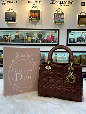 Christian Dior Metallic Brown Lady Dior Medium Cannage Tote Bag (Authentic/PreOwned)
