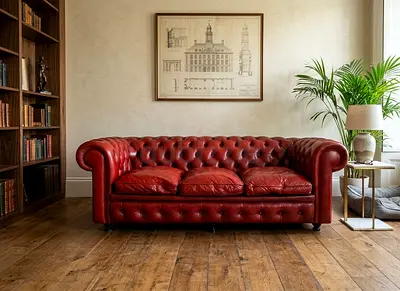 Red Leather Chesterfield 3-Seater Sofa - Classic Style