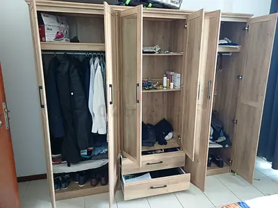 6-Door Wooden Wardrobe with Mirror, Shelves and 2 Drawers - Good Condition