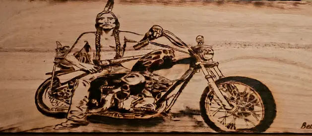 Wood pyrography art.. Indian Biker