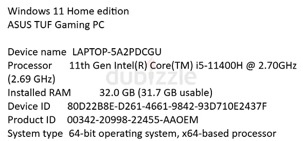 ASUS TUF Gaming Laptop - Intel i5-11400H, 32GB RAM, Windows 11