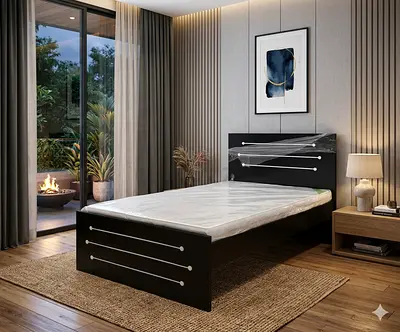 Single dark wood bed frame with modern headboard and footboard