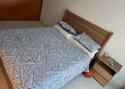 Queen size bed frame with mattress and bedside table - good condition