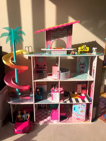 Large Pink Multi-Level Dollhouse with Elevator and Slide