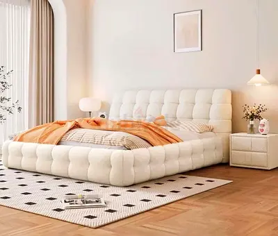 Modern Custom Upholstered Queen Bed with Headboard - Cream
