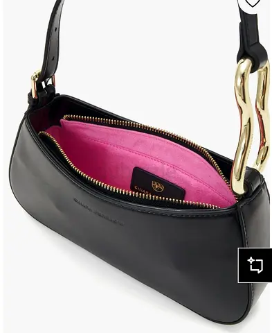 Black leather shoulder bag with gold chain handle and pink interior