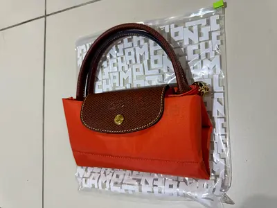Orange nylon tote bag with brown leather handles - medium size - Longchamp