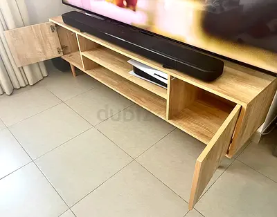 Light Oak TV Unit with Storage Cabinets and Open Shelves
