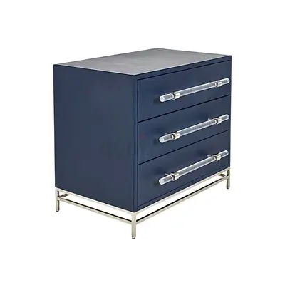 Navy Blue Leather  3-Drawer Chest with Chrome Legs and Acrylic Handles from Marina Home