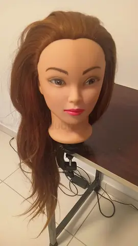 Long brown practice wig on mannequin head - used
