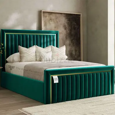 Green Velvet Upholstered King Bed with Padded Headboard