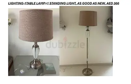 Pair of neutral table lamp and floor standing lamp - glass  metal bases