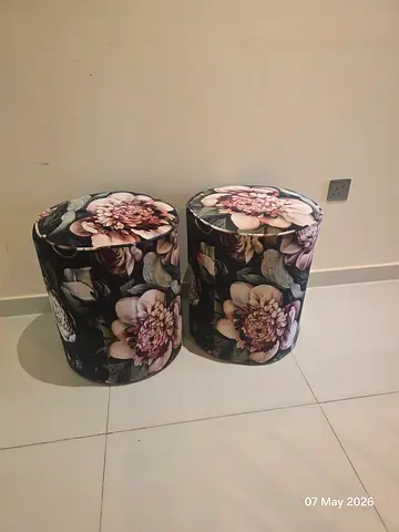 Pair of Floral Round Ottoman Stools - Upholstered Poufs, Damac Hills 2