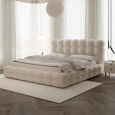 Modern Plush Bubble Upholstered queen Bed - Cream Bouclé