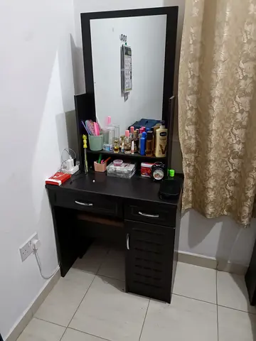 Dark Wood Dressing Table with Mirror and Storage