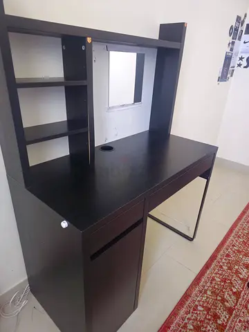Dark brown computer desk with shelving and storage - good condition