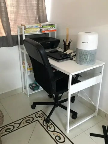 Compact white study desk with office chair and small shelf - ready to use