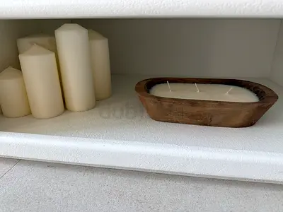 Set of Decorative Pillar Candles with Wooden Dough Bowl Candle