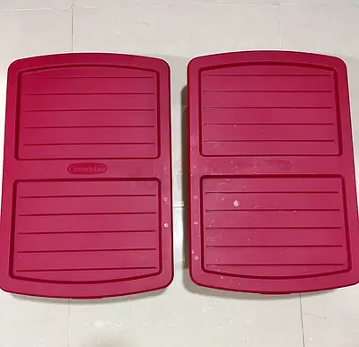 Pair of Red Plastic Cosmoplast Storage Boxes—-Good Used Condition