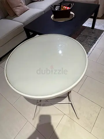 Foldable Round White Glass Top Side Table with Metal Legs