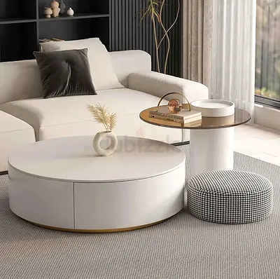 Modern round coffee table set with side table and pouf - white