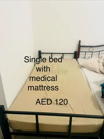 Single metal bed frame with medical mattress - AED 120