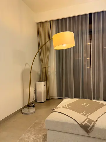 Brass Arc Floor Lamp with White Drum Shade - Good Condition