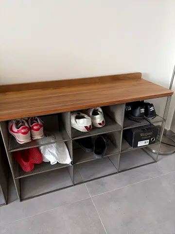 Wooden Top Metal Shoe Rack with 9 Compartments from Zara - Compact Entryway Bench. Great condition
