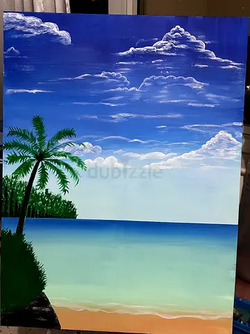 Original Seascape Acrylic Painting on Canvas — Palm Tree Beach Scene