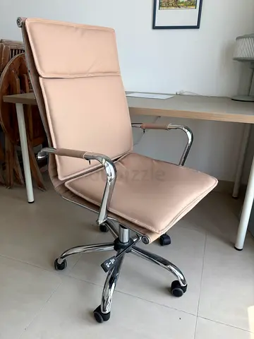 Beige Padded Office Swivel Chair with Chrome Base and real leather