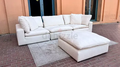 Marina home feather filled Sofa Large White Fabric Sofa with Ottoman — Good Condition.
