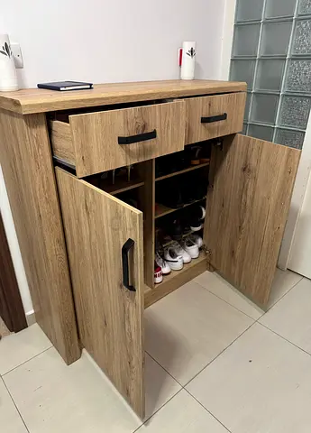 Wood Finish Shoe Cabinet with Drawers — Storage Unit