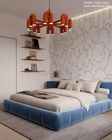 Low Profile Upholstered Platform Bed with Rounded Edges (Blue) - Modern Design