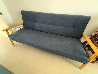 Wood Frame Grey Fabric Sofa / Futon - Comfortable 3-Seater