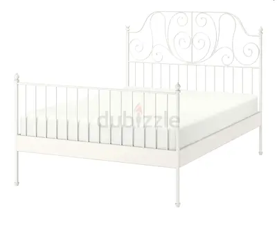IKEA White Metal Double Bed Frame with Decorative Headboard with mattress