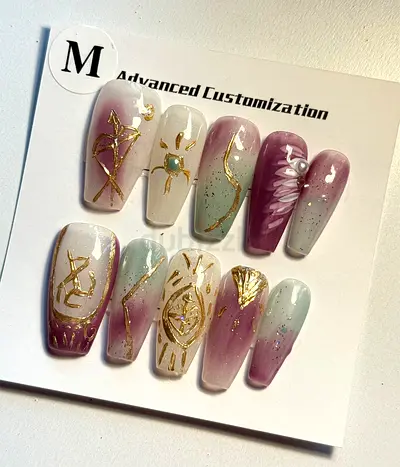 Handmade Press-On Gel Nails Set — Pink, Gold Accent.