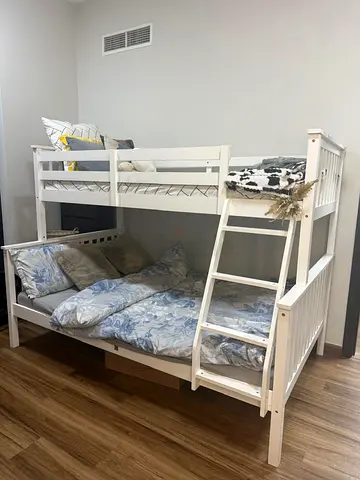 White Wooden Bunk Bed (Double on Bottom, Single on Top) - Good Condition