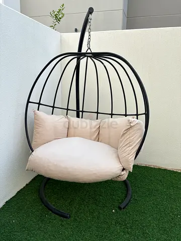 Black Metal Hanging Egg Chair with Beige Cushions - Good Condition