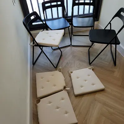Set of 4 Black Folding Chairs with 4 Beige Seat Cushions