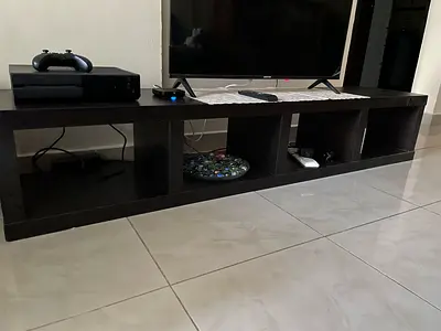Low-profile TV Stand / Entertainment Unit with 4 Open Compartments - Dark Wood