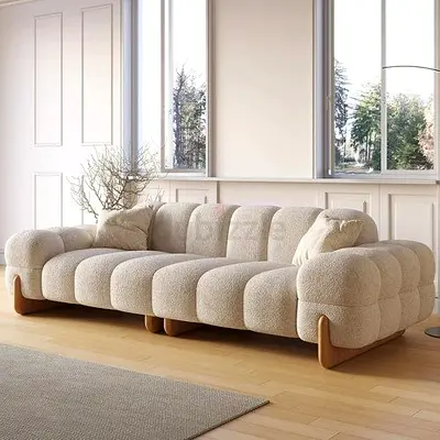 Beige Bouclé 3-Seater Sofa with Curved Wooden Base