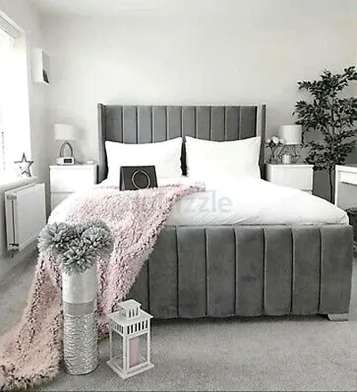 Grey Velvet Upholstered Double Bed with Headboard and Footboard