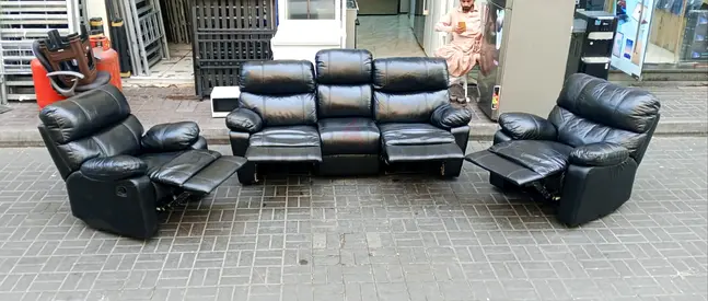 Black Leather 3-Seater Recliner Sofa with Two Matching Recliner Chairs - Comfortable Set